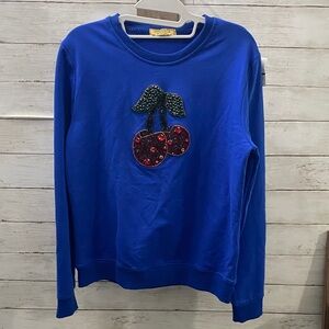 Vinizbena Blue Italian Sweatshirt with Rhinestone Cherry Accent